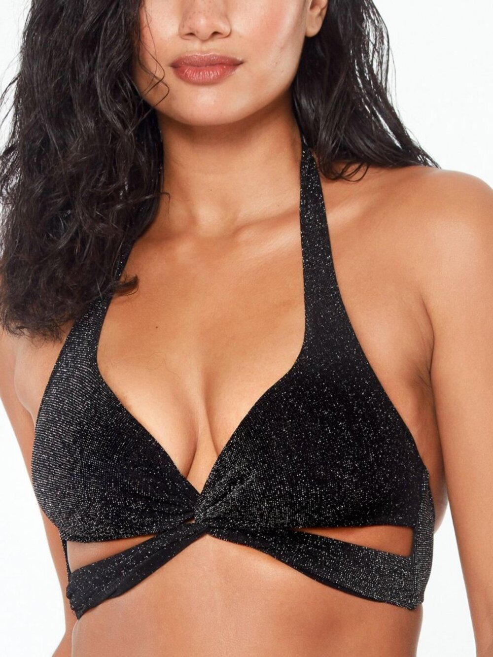 bar III Womens Shimmer Twist-Halter Bikini Top